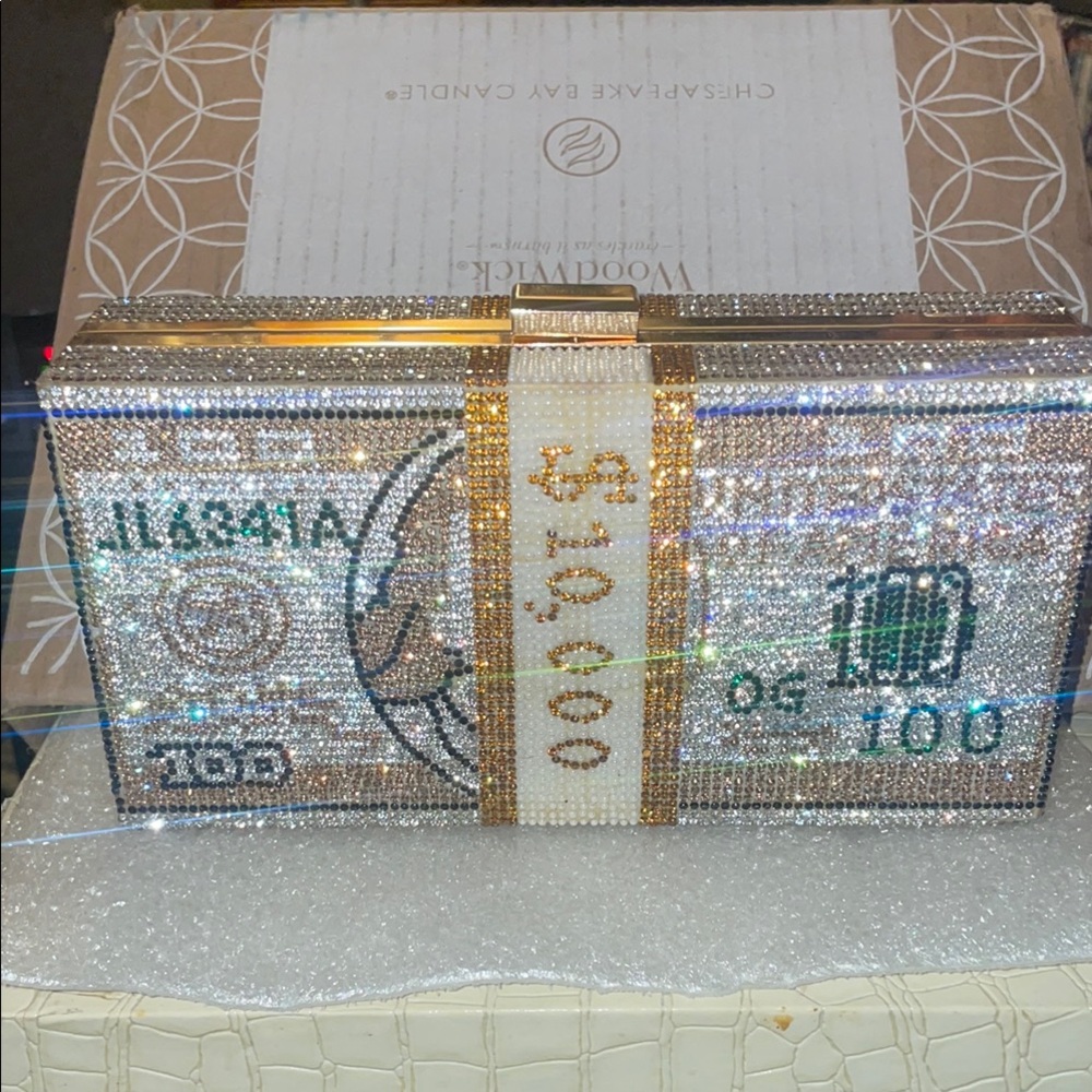 Silver and Gold Money-Inspired Clutch with Glossy Finish